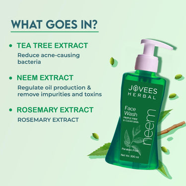 Jovees Herbal Neem Face Wash For Clear Skin with Neem & Tea Tree Ext | Gentle For Oily & Acne-Prone Skin | Controls Oil, Pimples and Dark Spots | Acne Control Cleanser For All Skin Type - 300ml